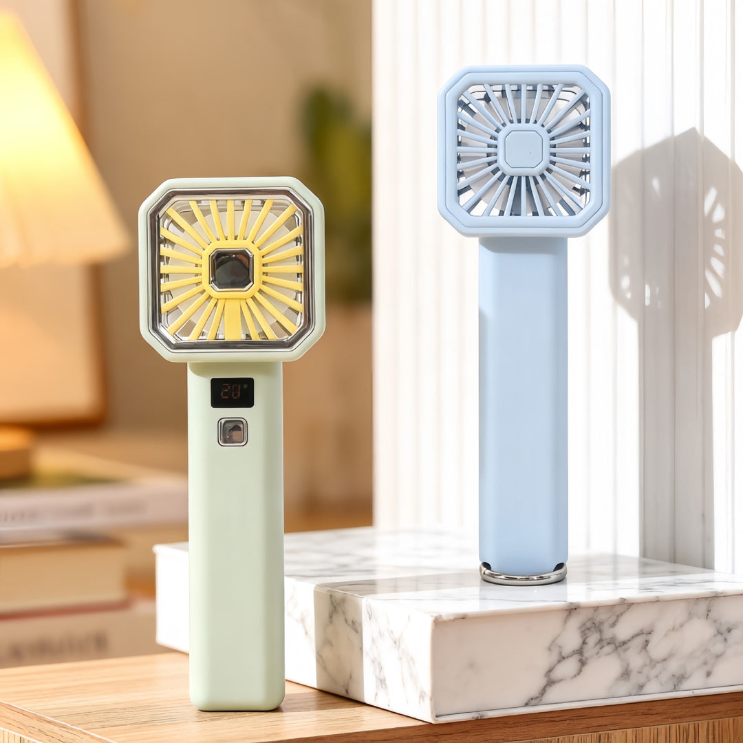 Unisex portable USB table fan with digital temperature display and compact folding grille Bowlift