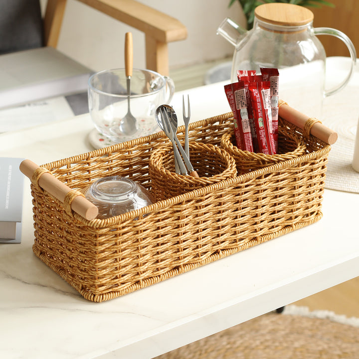 Rectangular Woven Storage Basket with Wooden Handles Bowlift