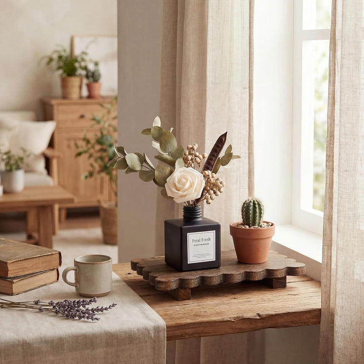Scalloped reclaimed wood display pedestal for candles and succulents Bowlift