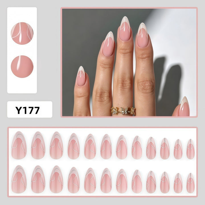 Artificial nails with elegant French design and curved accents Bowlift