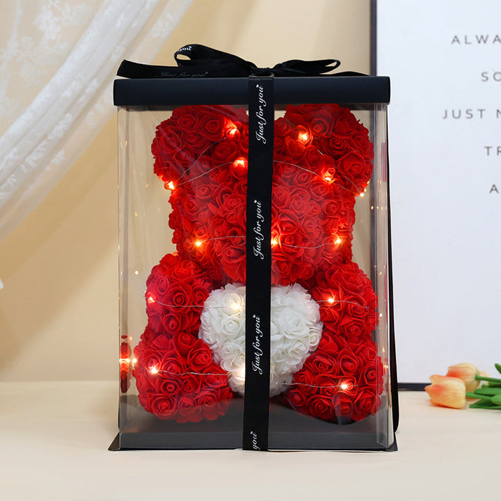 Foam Rose Teddy Bear Gift Sculpture With Satin Ribbon Bow