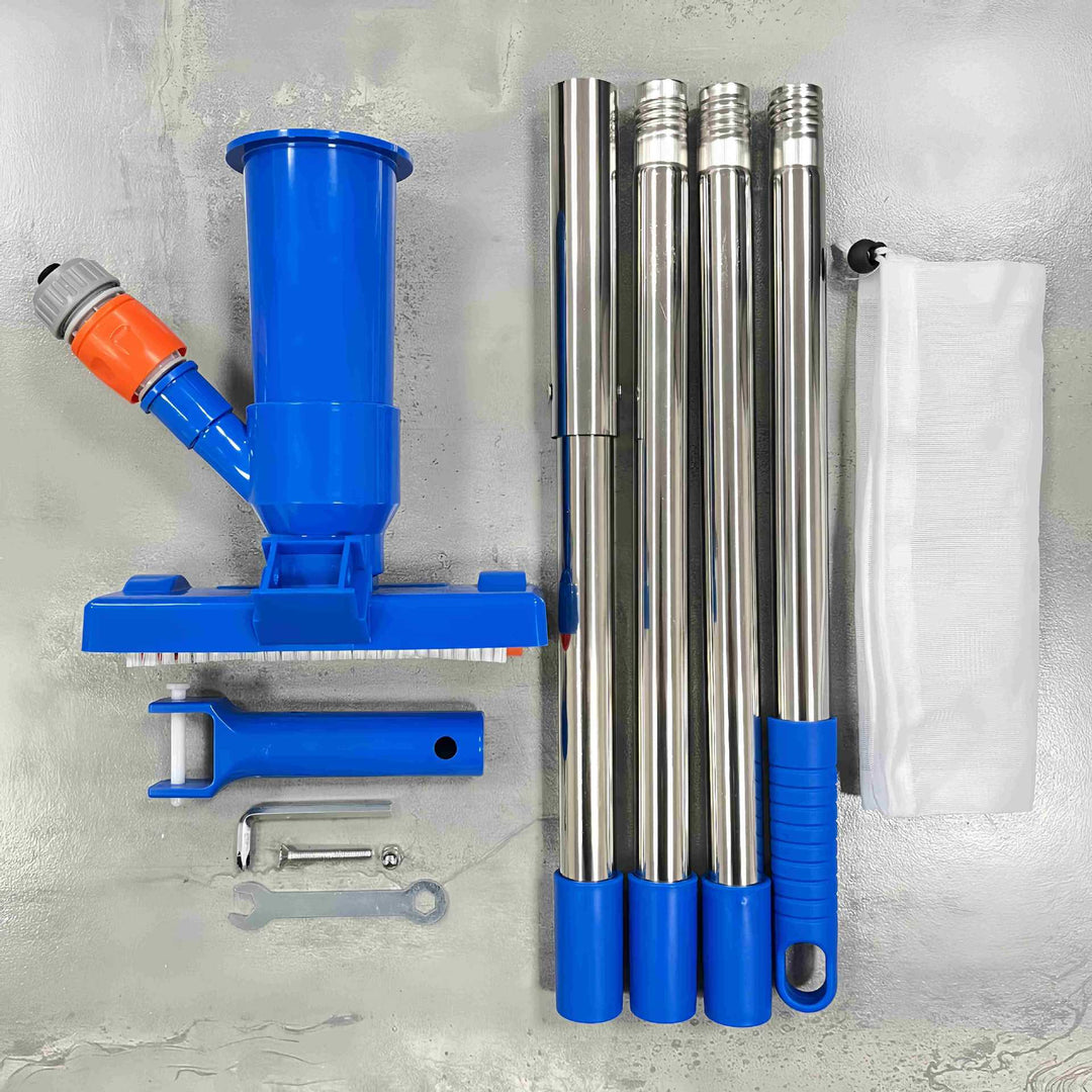 Telescopic stainless steel pool vacuum kit with brush head and fine mesh leaf bag Bowlift