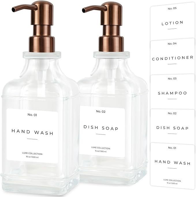 Refillable Pump Dispenser Set Matte Ceramic-Style Bottles with Gold Metal Pumps & Removable Labels Bowlift