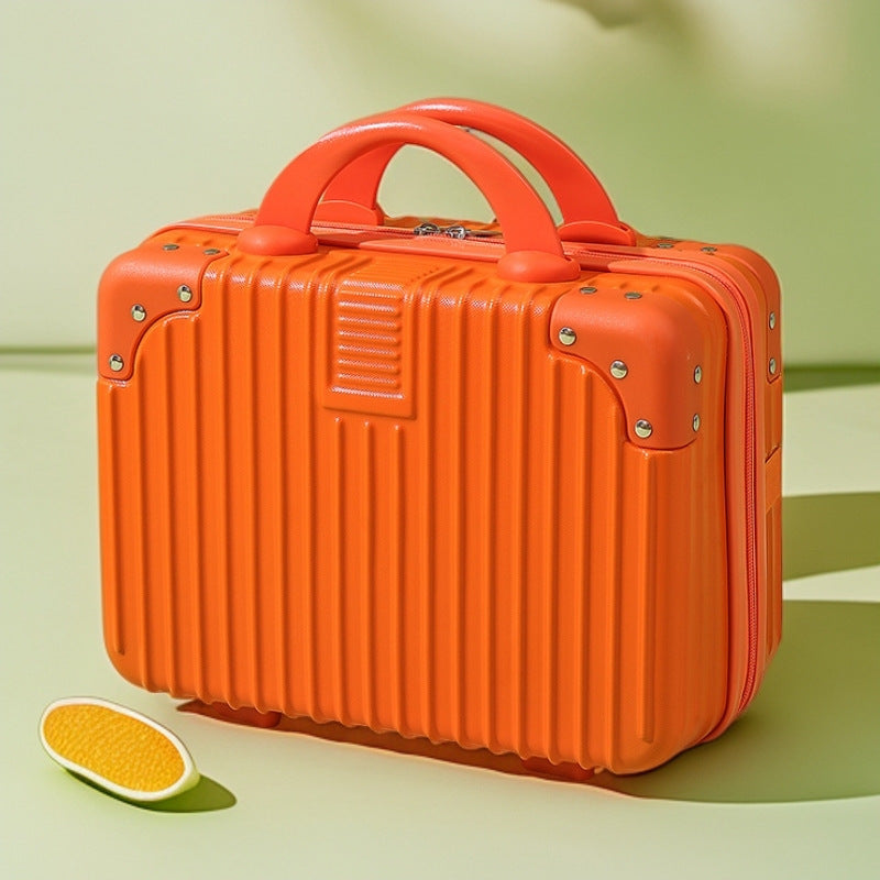 structured hard-shell vanity travel case with faux-leather corner reinforcements and dual top handles Bowlift
