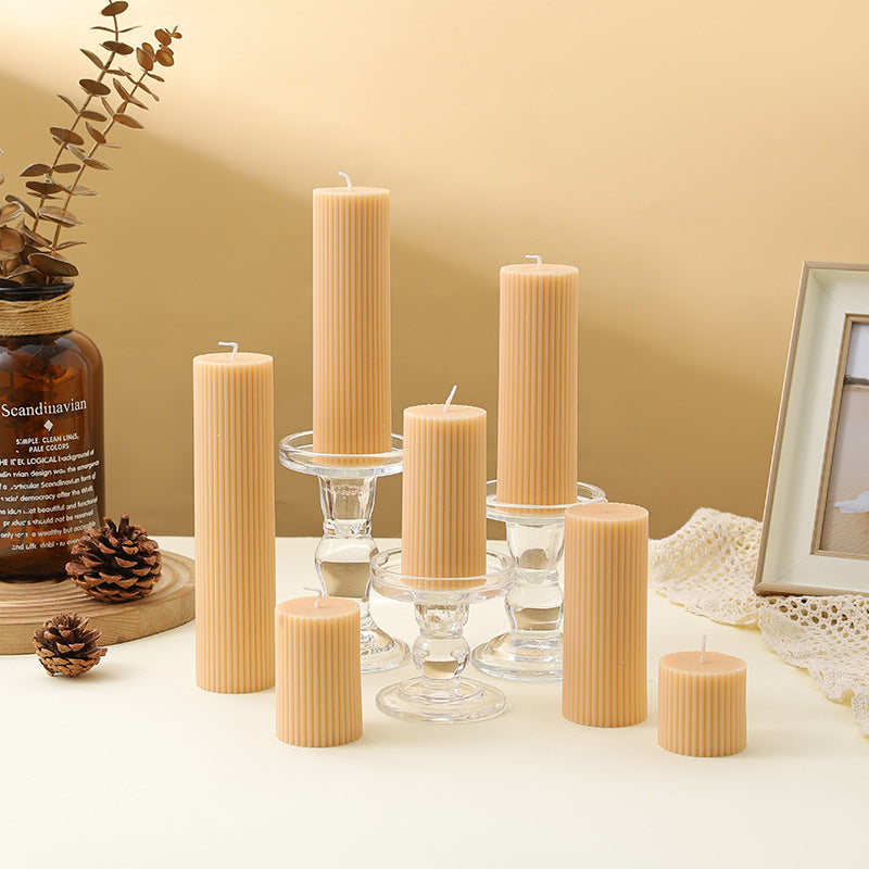 Ribbed Decorative Pillar Candle with Crystal Glass Pedestal Holder