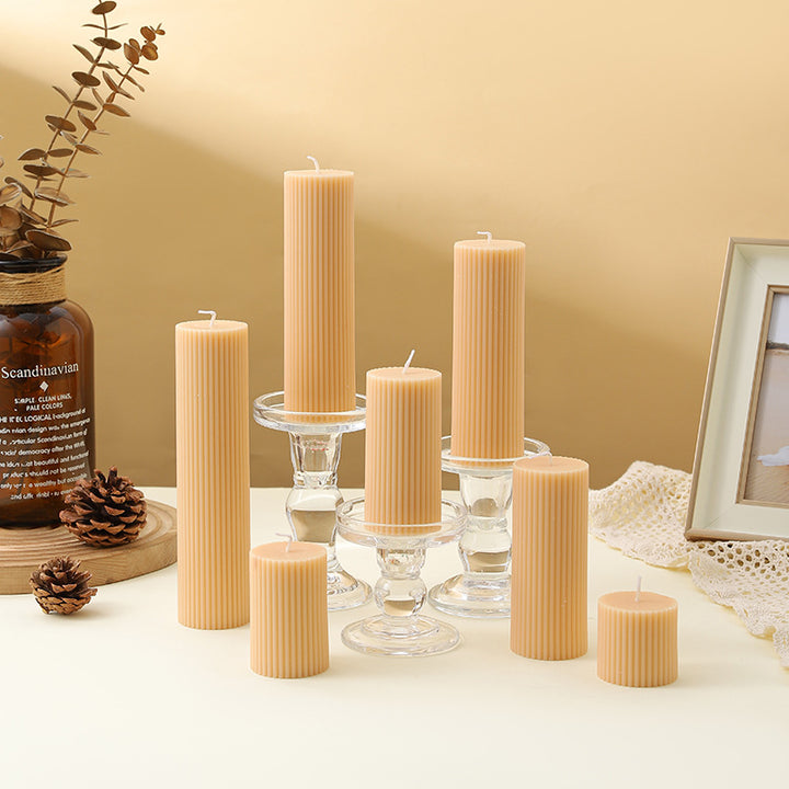 Ribbed Decorative Pillar Candle with Crystal Glass Pedestal Holder