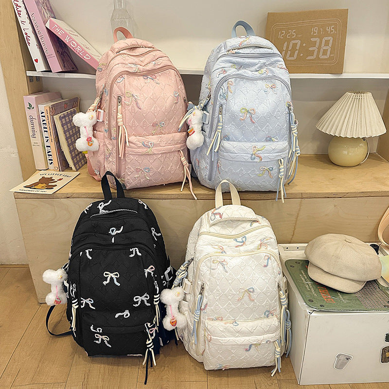 Quilted Embroidered Bow-Design Backpack Bowlift