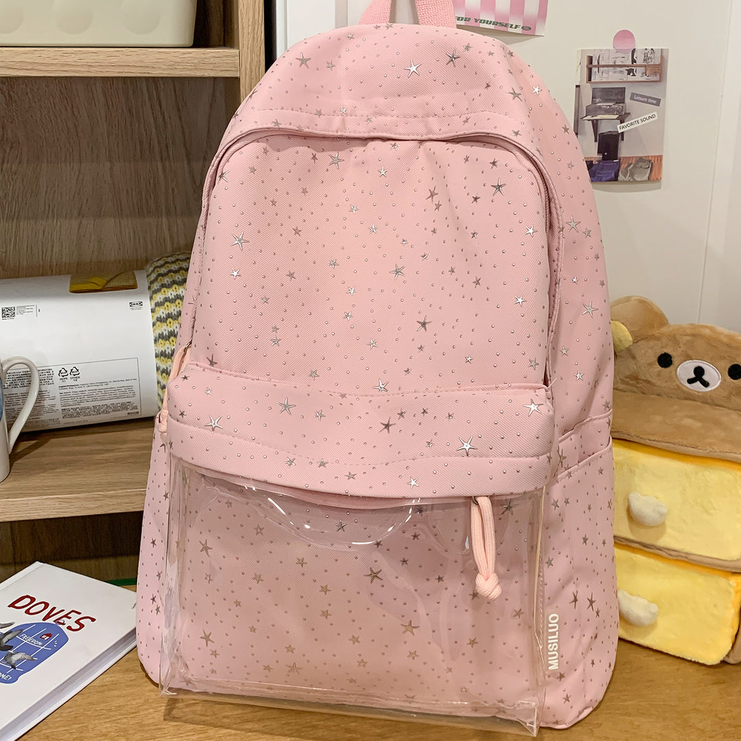 Transparent Pocket Star-Printed Backpack Bowlift