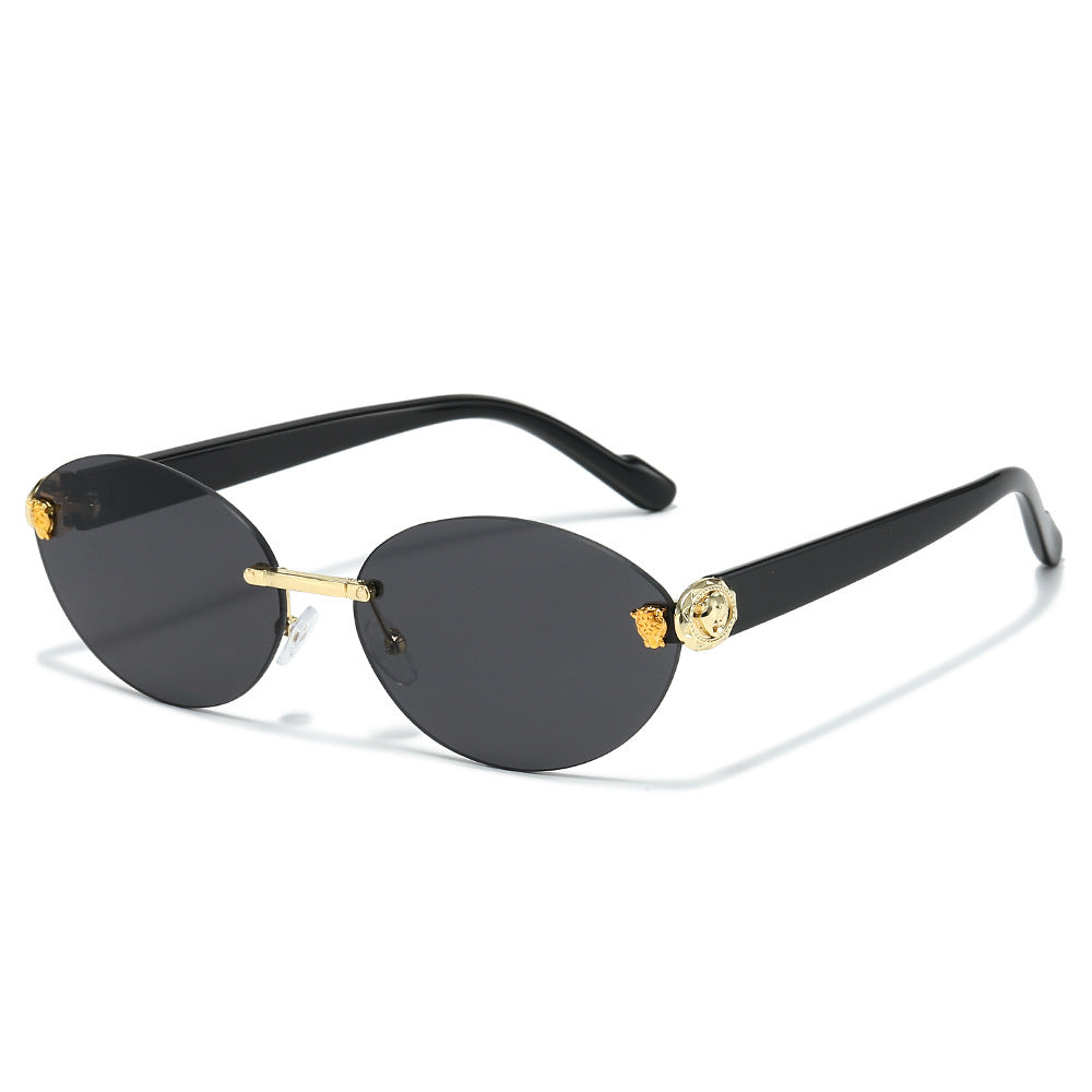 Designer Oval Frame Sunglasses with Decorative Accents Bowlift