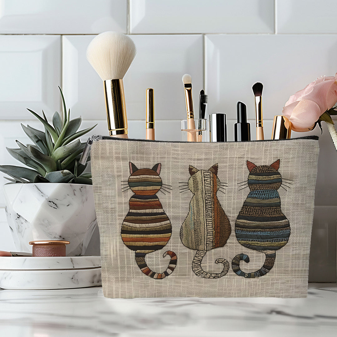 Embroidered Owl Textured Makeup Pouch With Zipper And Water-Resistant Lining