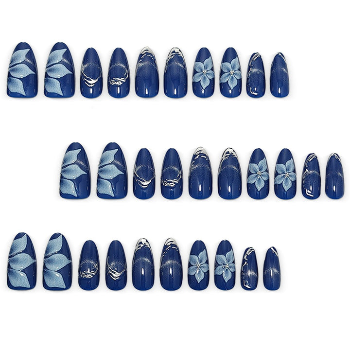 Acrylic Nail Set with Elegant Blue Ombre and Floral Design Bowlift