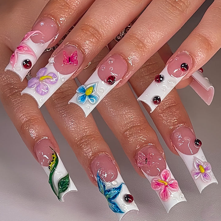 Floral Raised 3D Press-On Nail Set Bowlift
