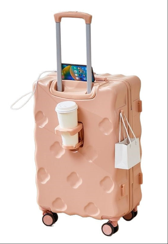 hard-shell carry-on suitcase with integrated foldable cup holder phone cradle USB charging port and external bag hooks Bowlift