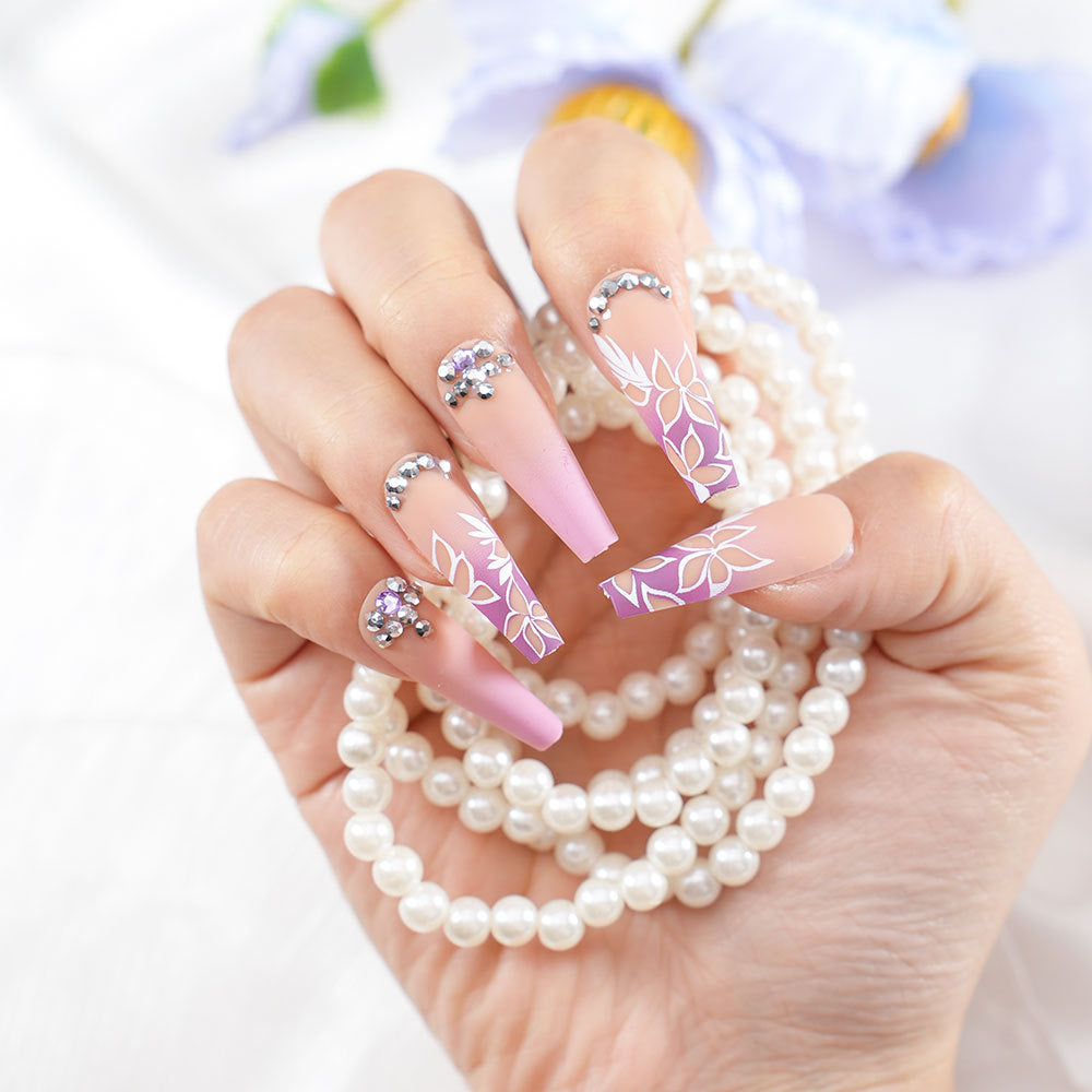 Floral Rhinestone Press-On Nails Bowlift
