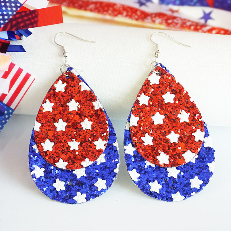 Women's patriotic drop earrings made of faux leather with glitter stars and the inscription Bowlift