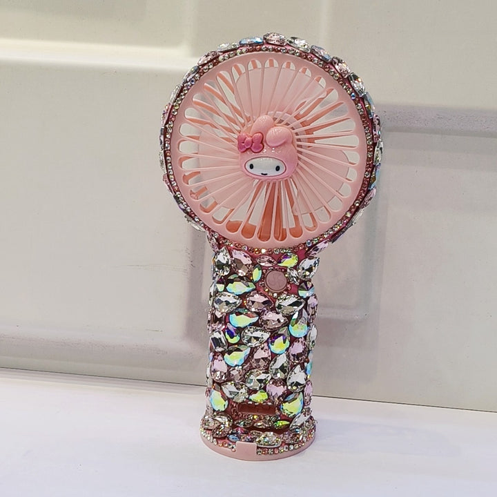 Women's portable hand fan rechargeable with rhinestone accents and cat emblem Bowlift