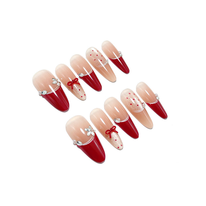 Elegant Artificial Nails with Decorative Ribbons and Rhinestone Clusters Bowlift