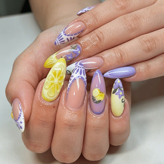 Artificial nails with creative lemon and lilac design Bowlift