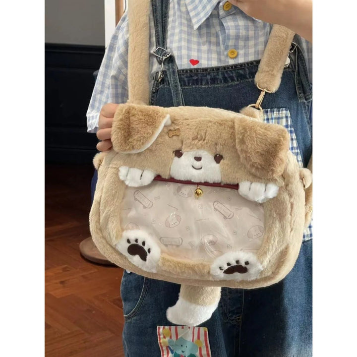 Plush Shoulder Bag with Dog Motif Bowlift
