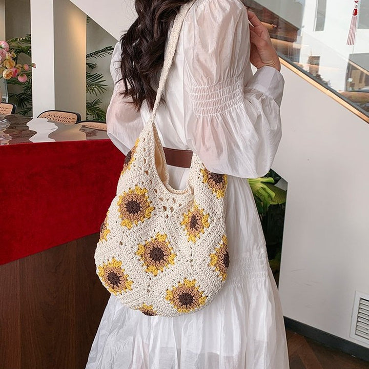 Macrame Tote Bag with Colorful Sunflower Pattern Bowlift