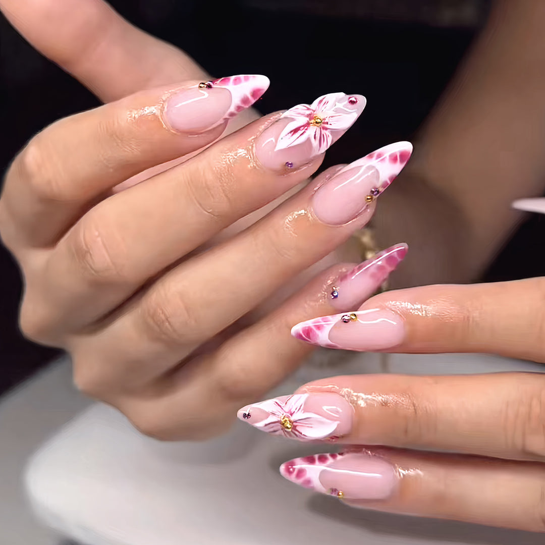 Floral Design Stiletto Press-On Nails Bowlift