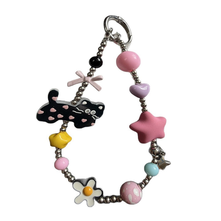 Playful Cat-Themed Beaded Keychain Bowlift