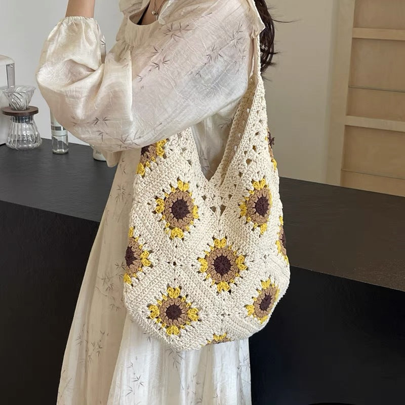 Macrame Tote Bag with Colorful Sunflower Pattern Bowlift