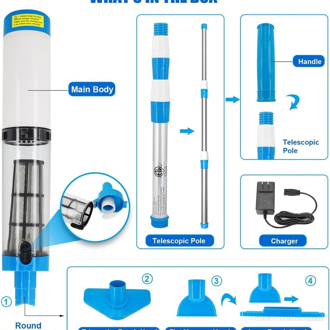 Rechargeable handheld pool vacuum kit with interchangeable brush heads and telescopic pole Bowlift