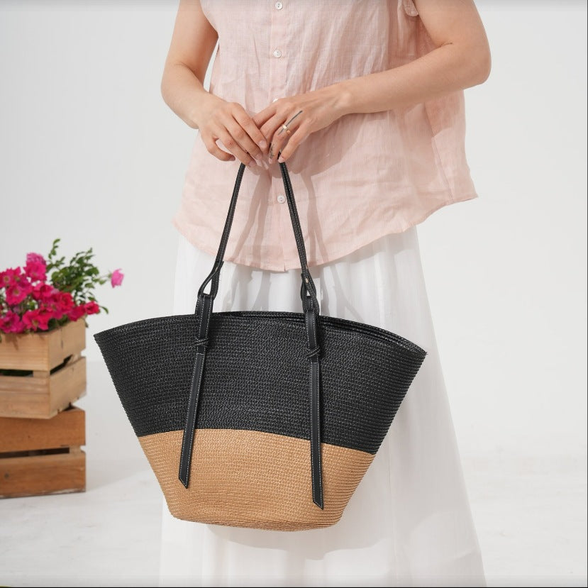 Elegant Beach Bag Made of Woven Natural Material with Leather Accents Bowlift