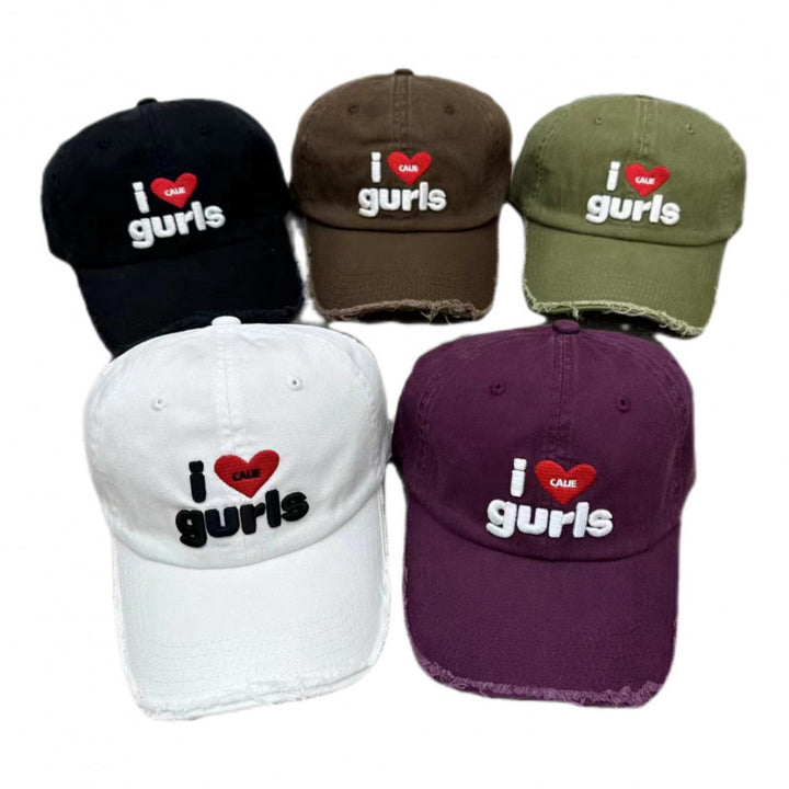 Women's Distressed Cotton Baseball Cap with Fun Embroidery Bowlift