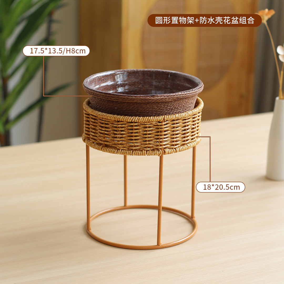 Unisex Modern Plant Stand with Woven Basket and Metal Frame Bowlift