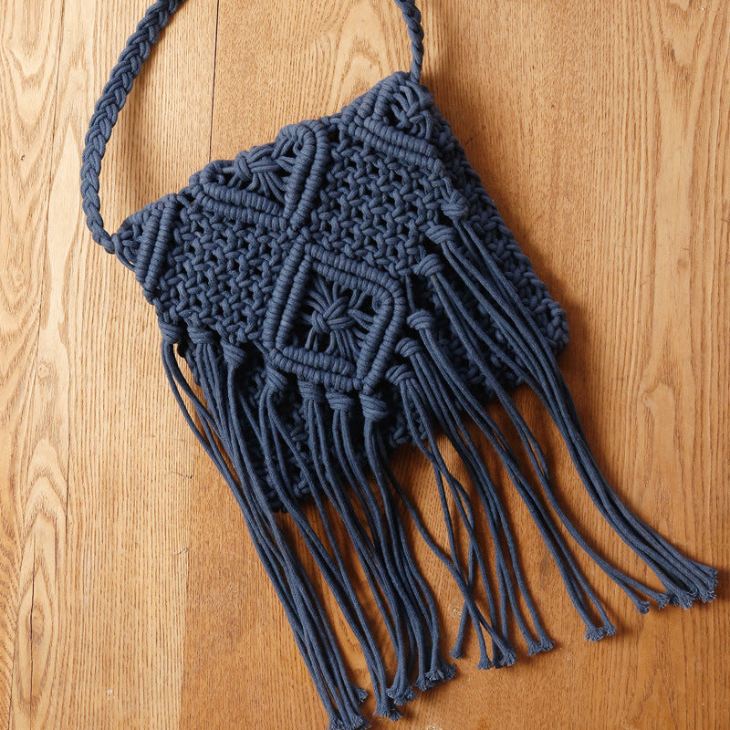 Macrame Crossbody Bag with Fringes and Decorative Details Bowlift