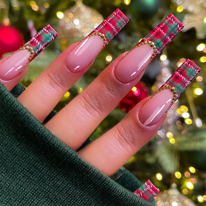 Artistic Press-On Nail Set with Plaid and Gold Accents Bowlift