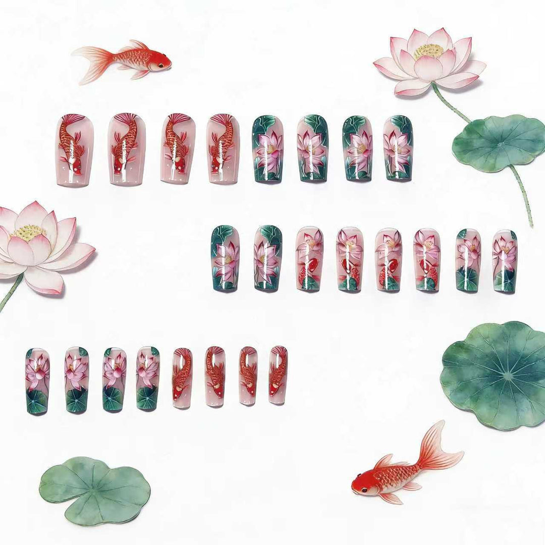 Artificial nails with floral lotus elements and koi pattern Bowlift