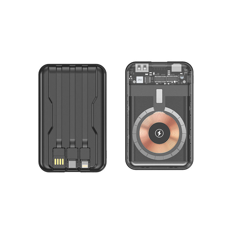 Portable power bank with wireless charging function and integrated cable system Bowlift