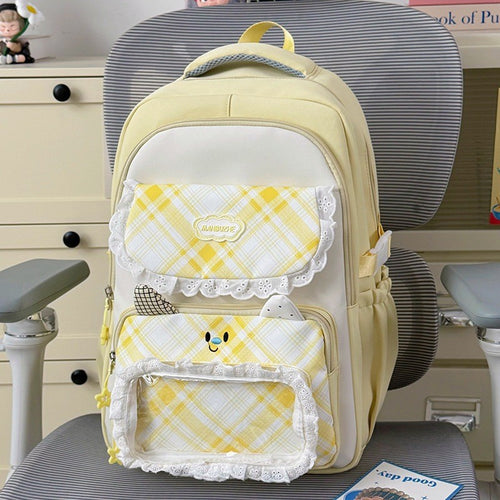 Cute Plaid Patterned Multi-Pocket School Backpack