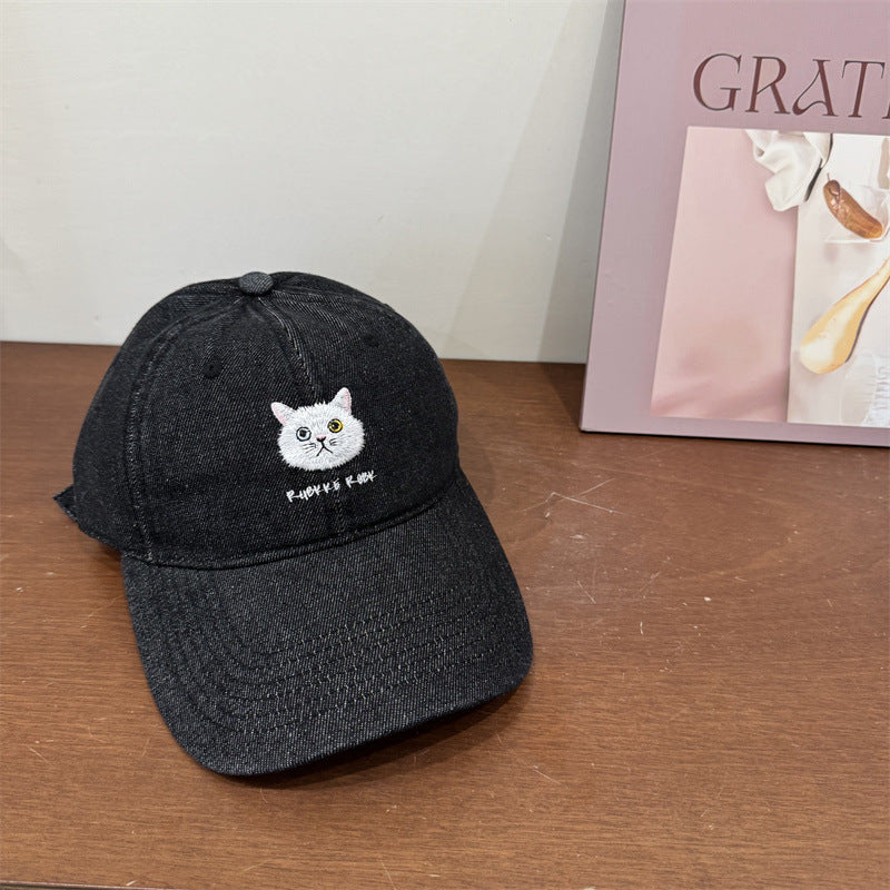Women's Casual Cotton Baseball Cap with Cat Embroidery Bowlift
