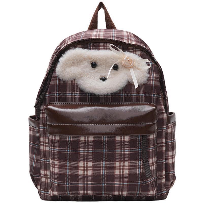 Plush backpack with unique checkered pattern and casual animal motif Bowlift