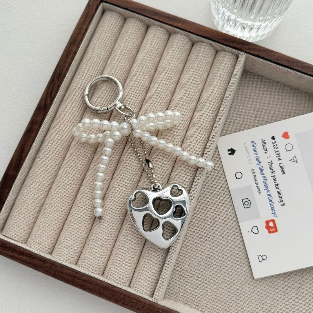 Heart-Shaped Charm Keychain with Beaded Bow Bowlift
