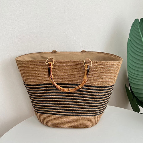 Stylish straw bag with high-quality wooden handle Bowlift