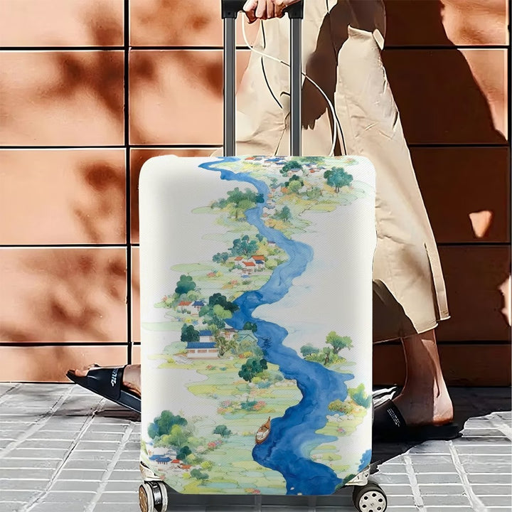 Unisex nan elastic suitcase cover with detailed river and village illustration print, tear-resistant stretch protection for hard shell and fabric trolley Bowlift