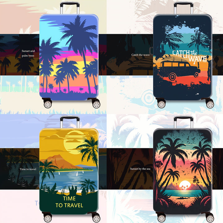 Unisex hard shell trolley printed with tropical sunset design, four wheels, expandable and lightweight, integrated combination lock Bowlift