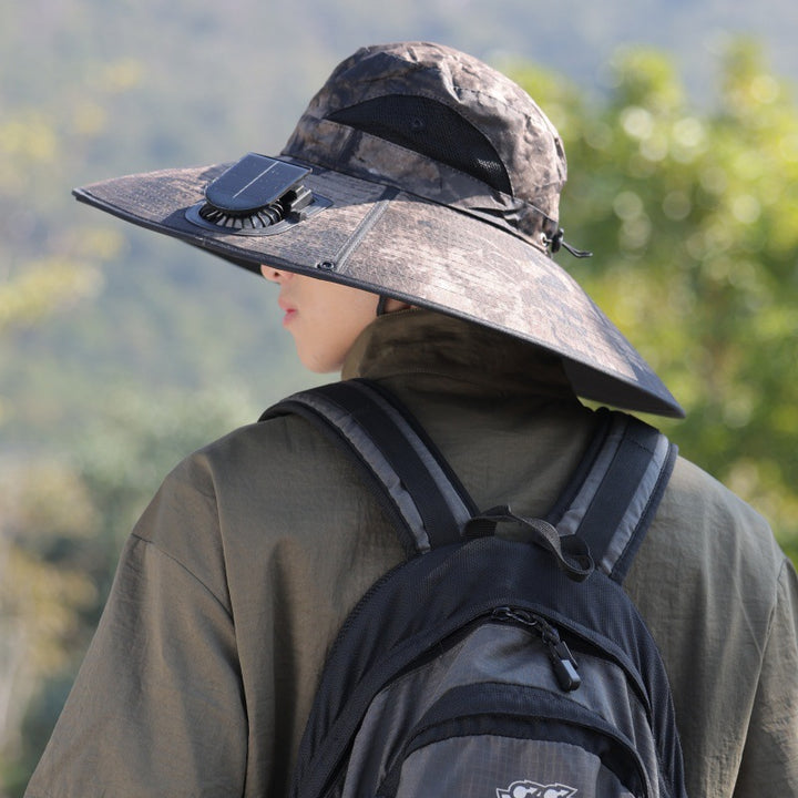 Wide-brimmed outdoor sun hat with solar-powered micro fan, breathable mesh and adjustable chin strap Bowlift
