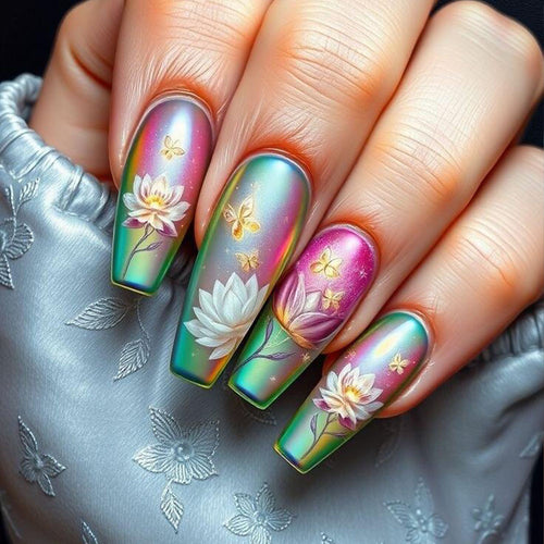 Artificial nails with elegant floral pattern and high-gloss finish Bowlift