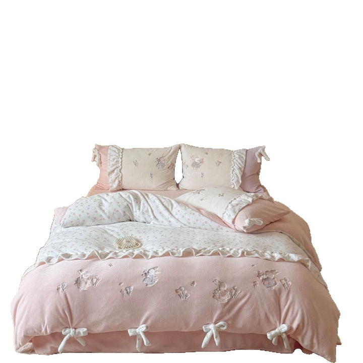 Children's bedding set with ruffles, bows and embroidered rabbit appliqués Bowlift