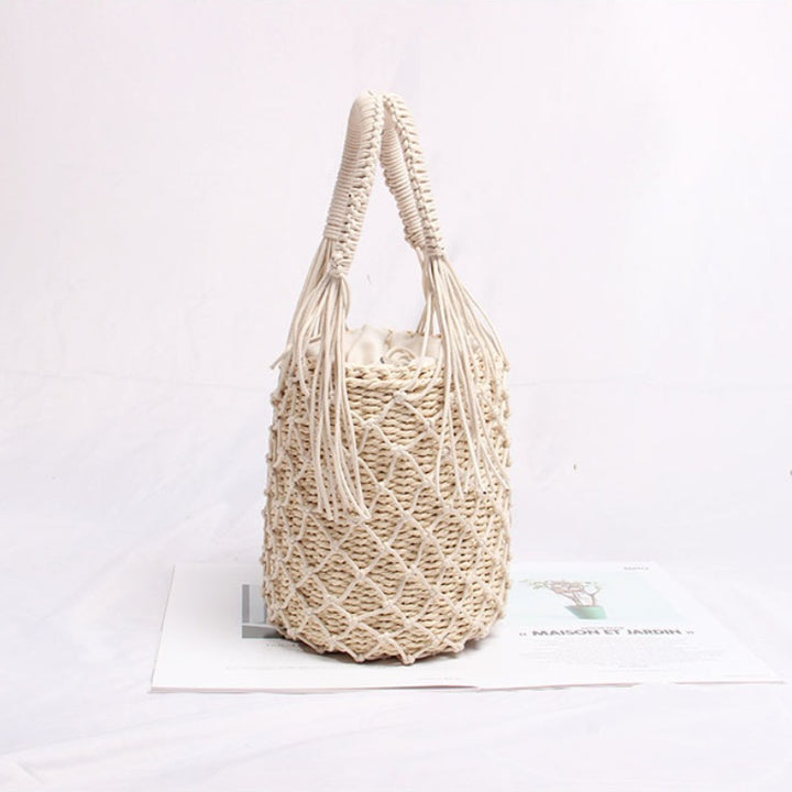 Braided Macrame Shoulder Bag with Decorative Fringe Bowlift