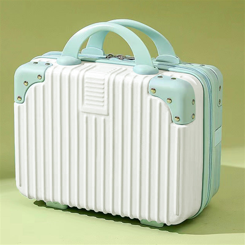 structured hard-shell vanity travel case with faux-leather corner reinforcements and dual top handles Bowlift