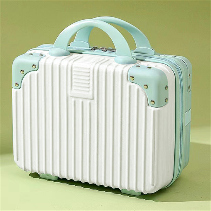 structured hard-shell vanity travel case with faux-leather corner reinforcements and dual top handles Bowlift