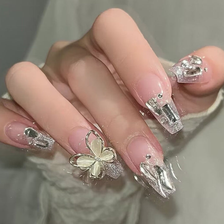 Decorative Long Stiletto Press-On Nails with Silver Accents Bowlift