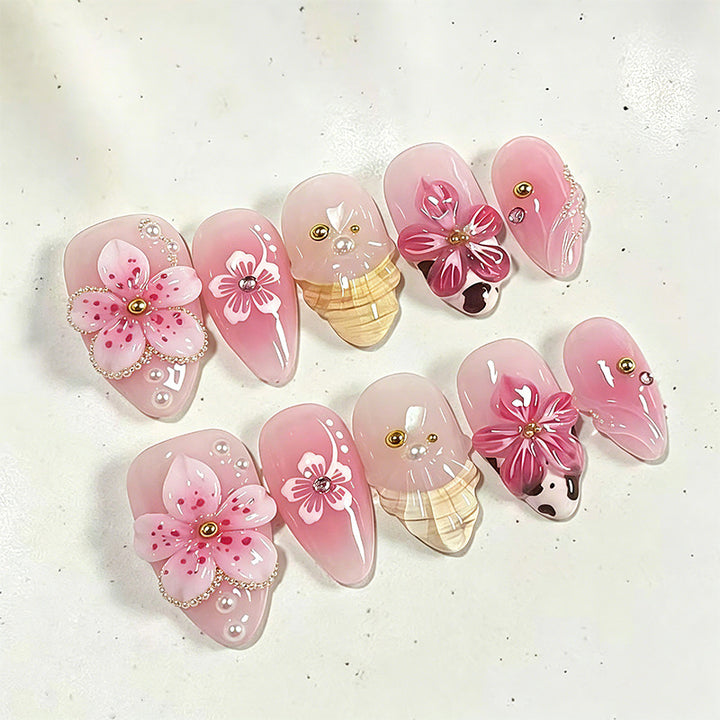 Artificial nail set with elegant floral accents Bowlift